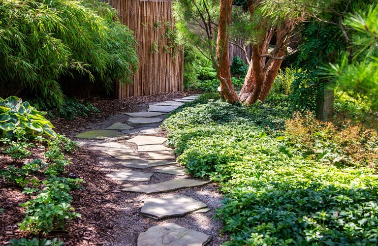 A winding stone path leads through the lush green garden
