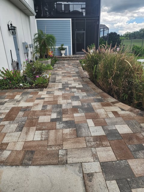 Patterned brick patio leading to a modern black and white home with landscaped plants and ornamental grasses on either side